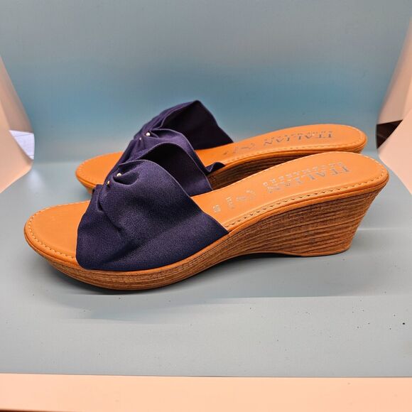 Italian Shoemakers‎ Navy Blue Triple Strap w Silver Accent Wedge Slip On 9W Wide - Picture 5 of 6